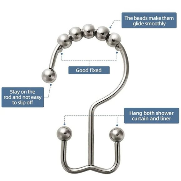 Shower Curtain Hooks Rings Stainless Steel Set of 12 Hooks NEW - Picture 4 of 6